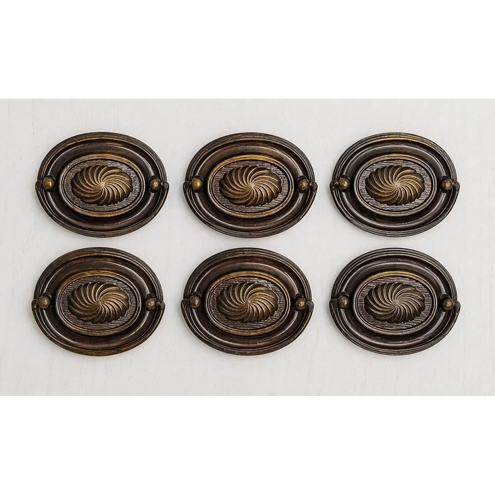 Set of 6 Vintage Hepplewhite Style Oval Brass Drawer Pulls w/ Sunburst Backplate
